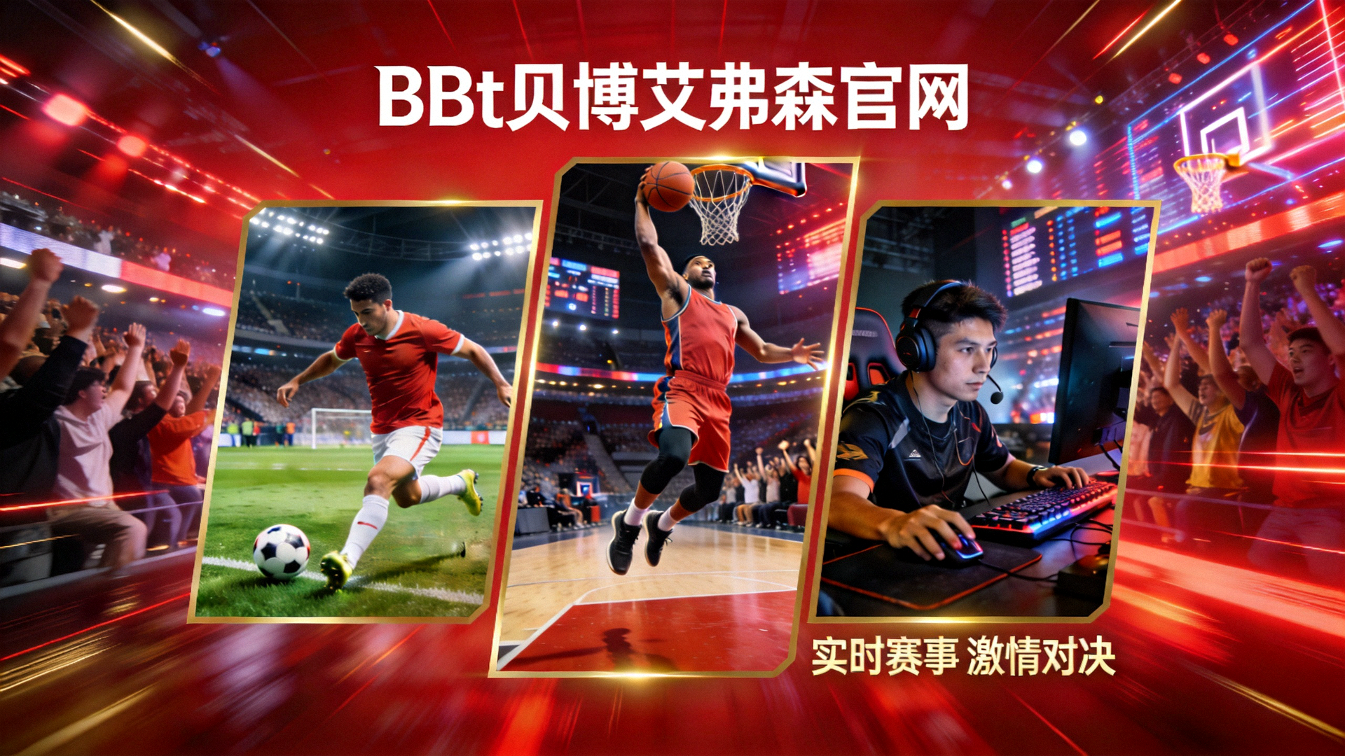 BBt贝博艾弗森官网首页横幅 - 足球、篮球、电竞运动员在赛场激烈竞技的宏大场景，充满动感与激情