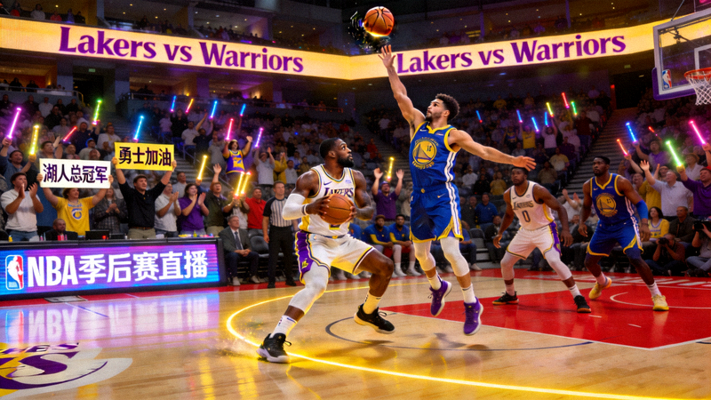 NBA季后赛直播 - 湖人队与勇士队在篮球场上激烈对抗，观众席气氛热烈