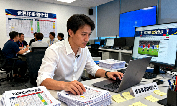 体育新闻编辑部内记者正在整理赛事资讯的工作场景